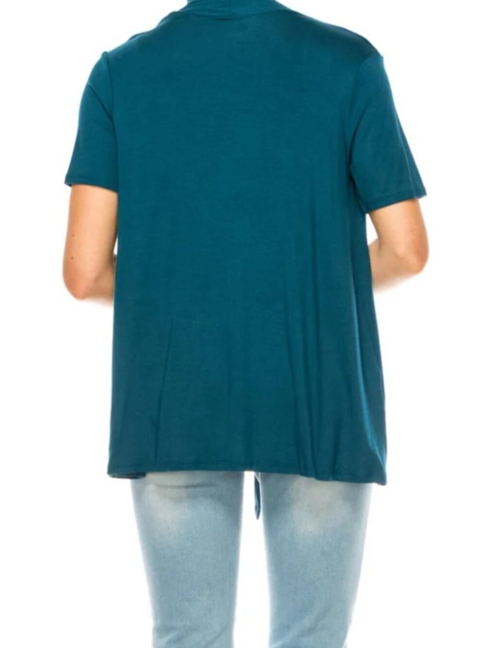 MOA Collection Teal Short Sleeve Asymmetrical Hem Cardigan - Picture 3 of 7
